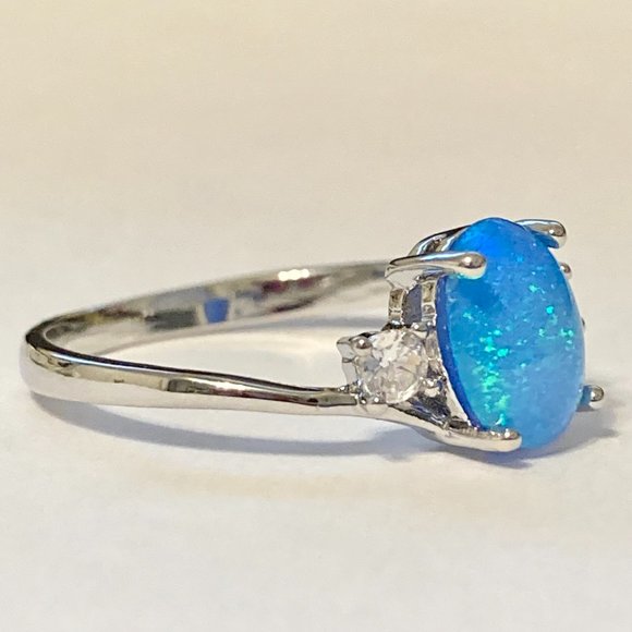 Opal Stone Ring Solitaire Silver Plated Simulated Blue Oval Cut Size 7 8 9 11 - Picture 3 of 11